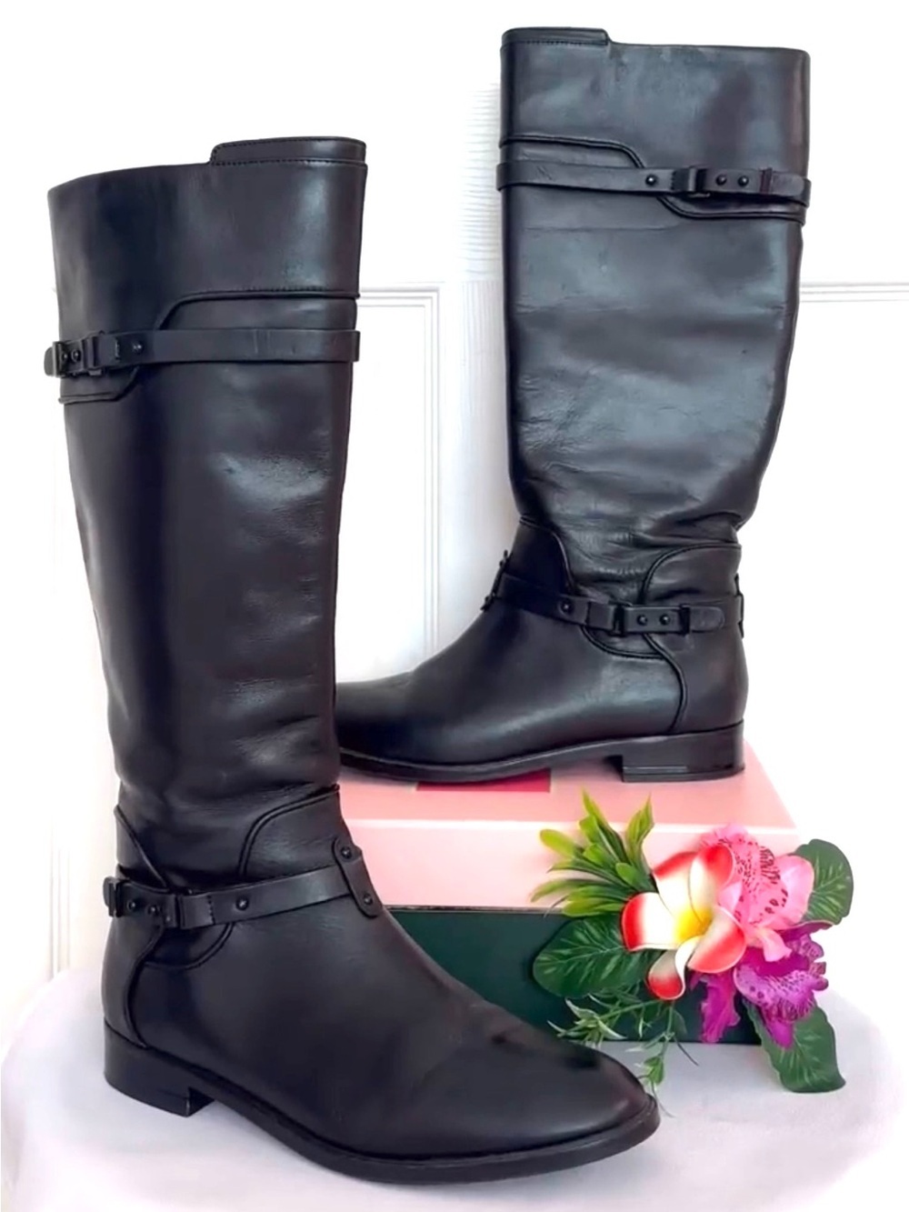 #72 BCBG MAX ARIZA ~ Black Leather Knee-High Full Zipper Adjustable Riding Boots